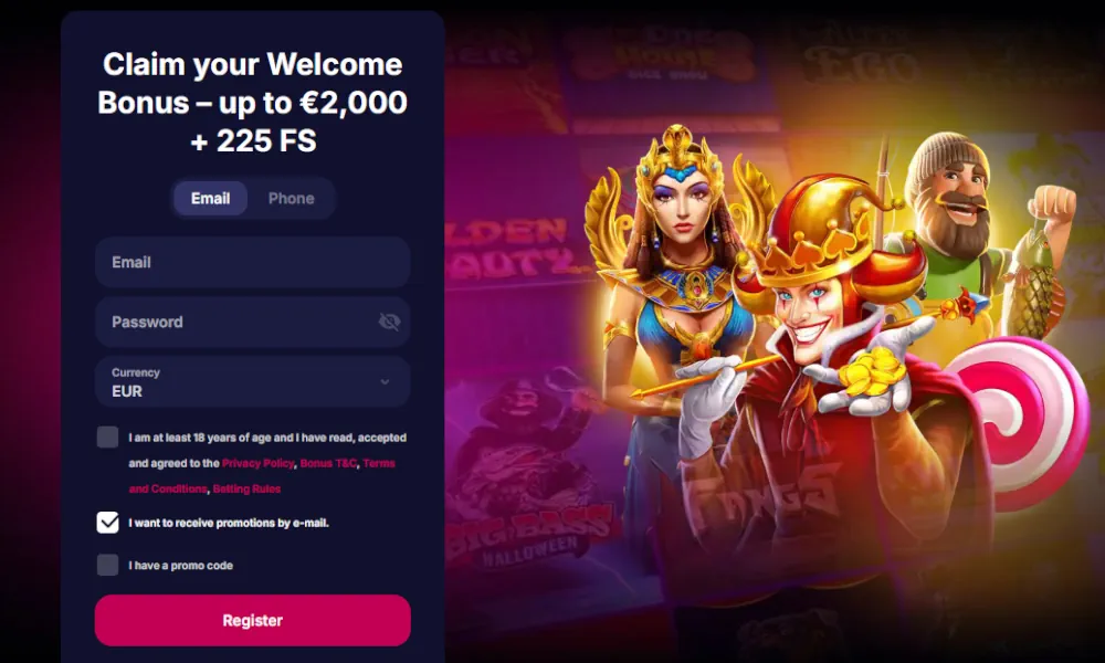 Formulaire d'inscription de casino NV et offre promotionnelle de bonus de bienvenue